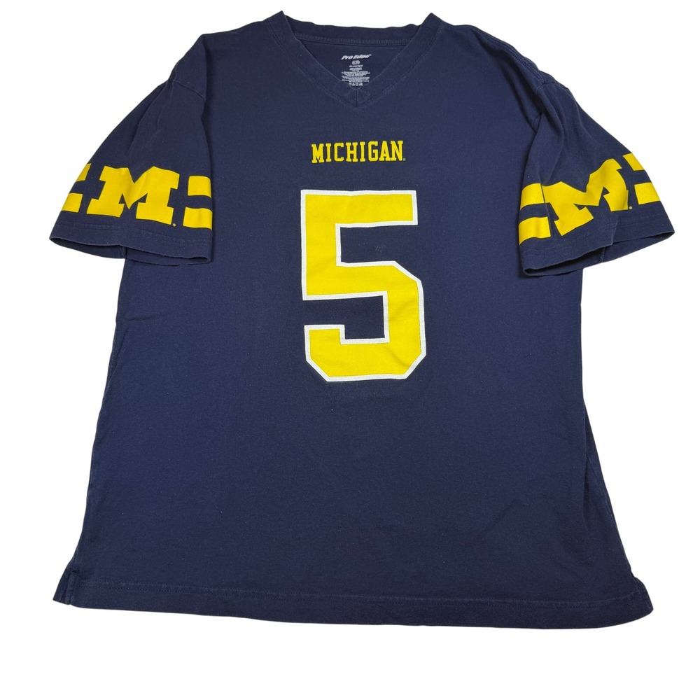Vintage Michigan Wolverines‎ #5 Pro Edge Navy Blue V-Neck T-Shirt Mens XL